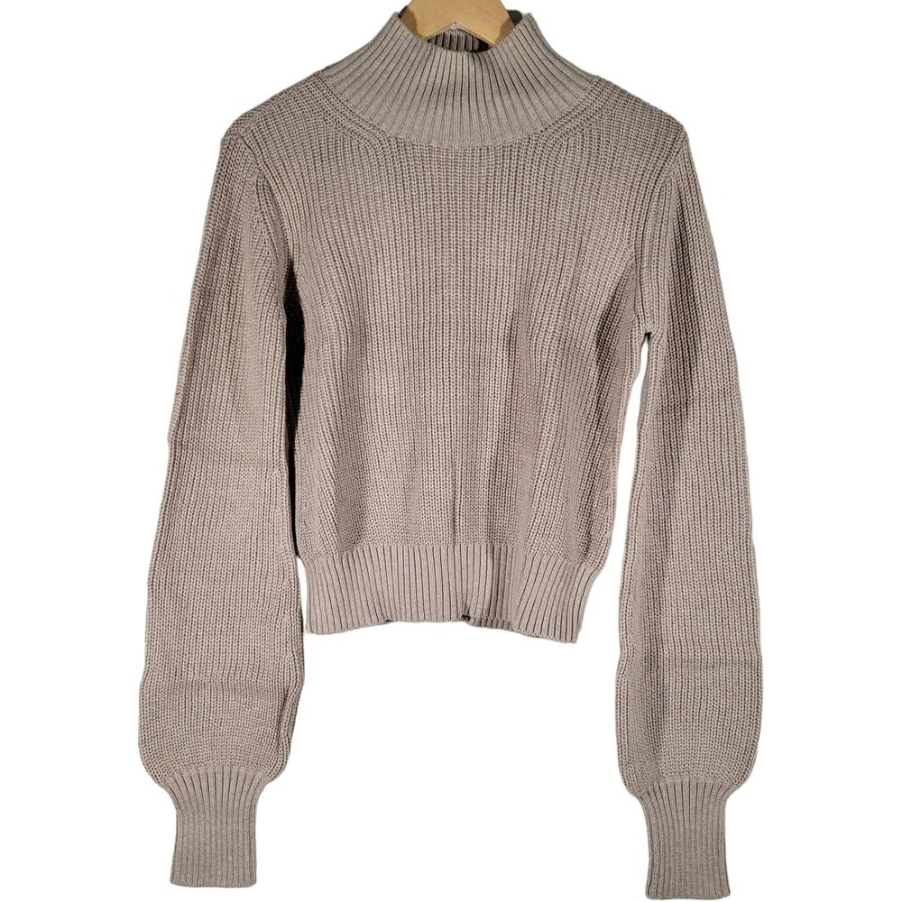 Billie The‎ Label Amelia Sweater Ribbed Mock Neck Balloon Sleeve Pumice Medium